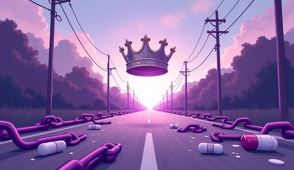 Purple chain thrown on a road, uma coroa branca e dourada flutuando centralizada sobre as chains, medicines thrown on the road, shades of purple, chains, style cartoon, lifeless colors,