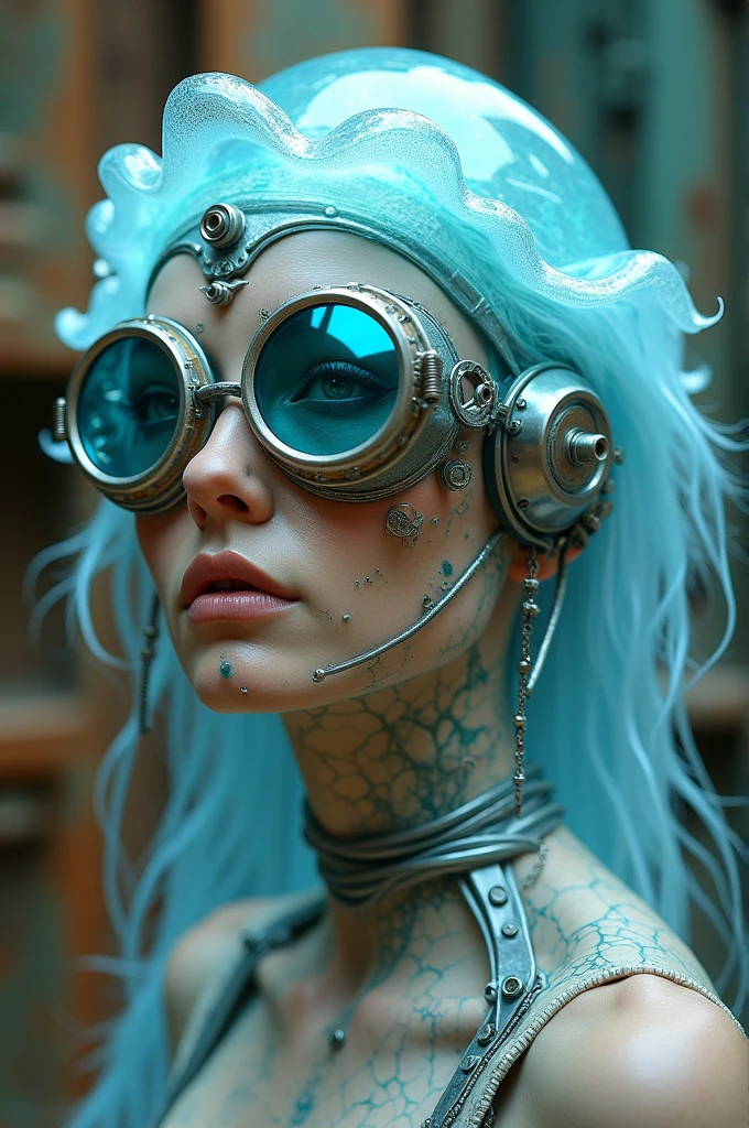 Ethereal Cyborg Woman, bioluminescent jellyfish tiara. Steampunk goggles merge with translucent tentacles. Cracked porcelain skin meets iridescent scales. Mechanical implants and delicate tendrils intertwine. Human characteristics with an otherworldly glow. Dreamy aquatic tones contrast with aged metal. Reflective eyes capture invisible worlds. Gentle bioluminescence meets a harsh desert landscape. Fusion of organic and synthetic, ancient and futuristic. Hyper-detailed textures, surreal atmosphere.