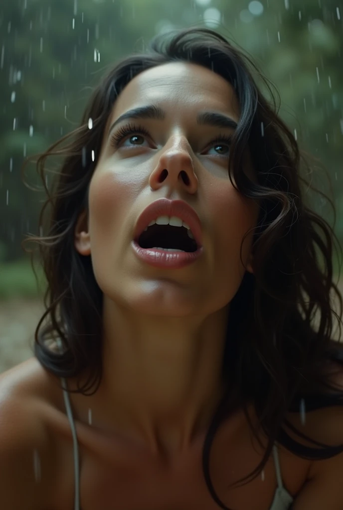 gal gadot, on her knees, looking up, intense yearning, eager excited expression, desire, in position as if trying to catch raindrops that are not there on her tongue, shot directly overhead