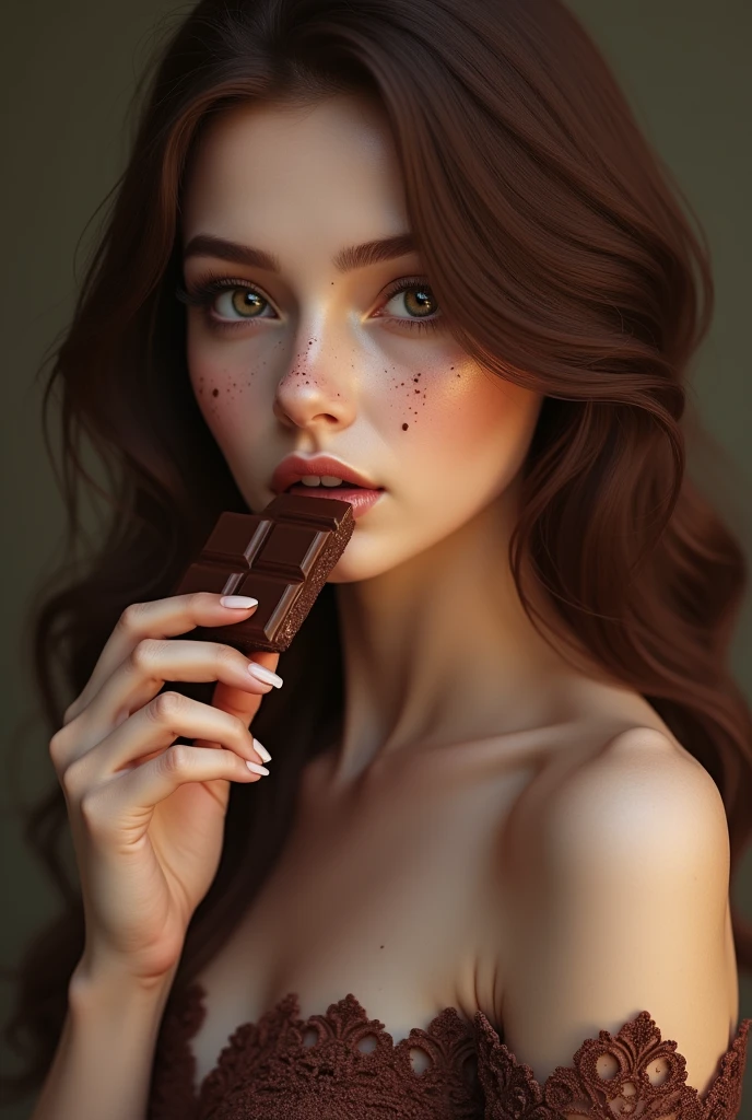 Beautiful girl eating chocolate and chocolate Her hair is chocolate her eyes is chocolate Ahe is magestic She is cute She is so beautifil