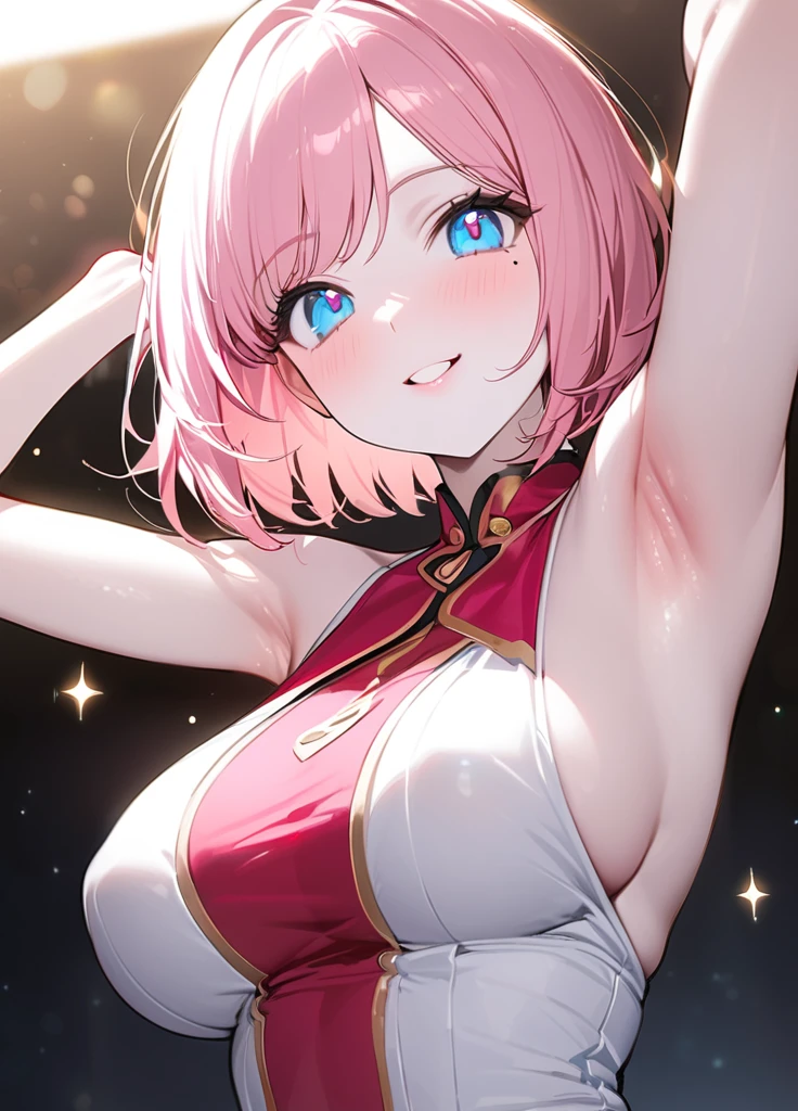 (One girl),(Best image quality, 32K, masterpiece:1.3), Anatomically correct, ((Pink Bob Cut:1.1)),(Swept-apart bangs,), (Cute eyes, Blue Eyes), (Mole under right eye), (thin), (Large Breasts),(Glowing Skin:1.1),(Pale skin:1.2),(Fantasyな雰囲気),(look up),Ultra-high resolution, Textured skin, Sparkle Effect, Fantasy,Bright Eyes,high school student,
((Show your armpits)),((Sexy Fashion)),(smile),(Macro armpit).