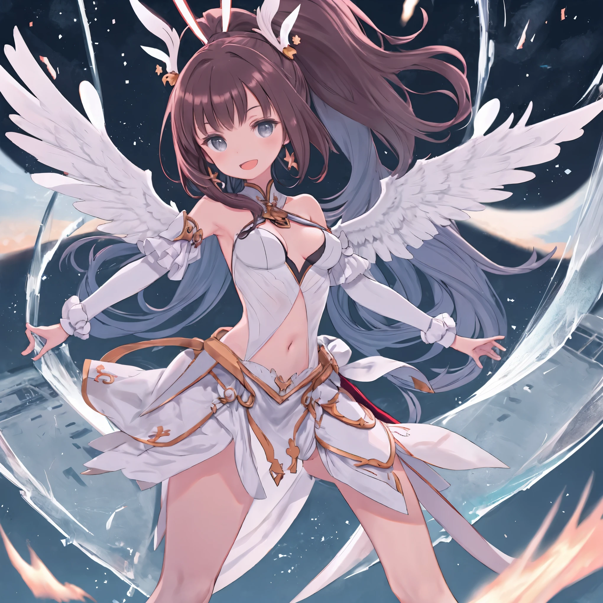 fantasy, 1angel_girl, low_, dark_brown_hair,ponytail,long_bangs, (dark_skin)+, bare_shoulder, navel out, thighhighs,silver_shiny_armor, white_wear,waist_armor, Glebe, medium_breasts, dynamic_flying_pose,Floating, (1pair_white_wings:1.2),(pelvic_curtain:1.3), silver_Headgear ,looking_down_at_sunset_city_sky_background,,slightly_spread_legs, ,solo,glare_halo,laugh ,smile,open_mouth,open_legs,open_arms,rise_knee,rise_leg,rise_thigh,rise_leg,forward_leaning_posture,apart_legs,trying_to_hug_viewer