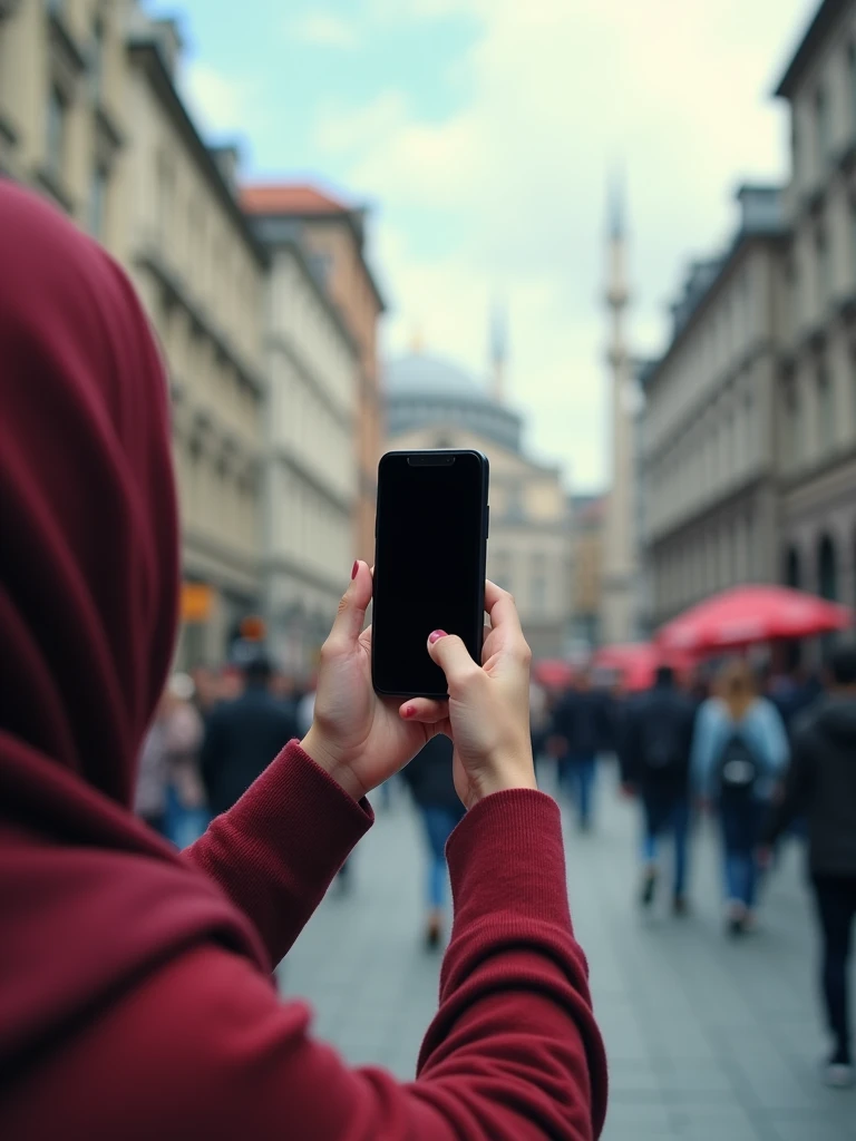 a hijabi girl taking his hands photo while she have  phone on his hand in istanbul famuse plases. Show only her hand and phone. Phone while screan is sholud be off or black only Realistik 4k.