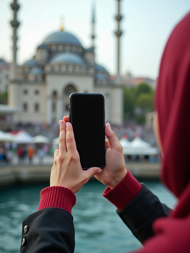 a hijabi girl taking his hands photo while she have  phone on his hand in istanbul famuse plases. Show only her hand and phone. Phone while screan is sholud be off or black only Realistik 4k.