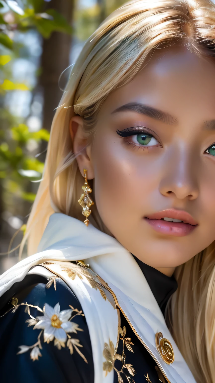 (((Face close-up)))、(((masterpiece, Highest quality, High resolution, Attention to detail)))), One, ((Fantasy)))), (A peerless beauty)))), (White short skirt with gold embroidery), (Long blonde ponytail:Dumpling1), (Shiny, dark black eyes), (Green surcoat with gold embroidery), big, (((at night forest)), (Many beautiful flowers are blooming)), Sit in a chair and look here , Particles of light flying、(((Face close-up)))、Face close-up