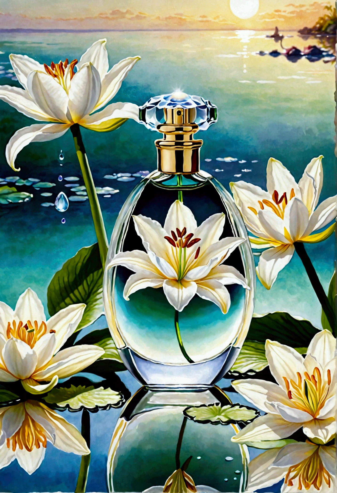 
"Create an image of a glamorous and detailed perfume bottle with an egg drawn in the middle, surrounding a white lily and a lotus in full bloom against a soft background of crystal clear water.. Flowers should be surrounded by a luminous aura, evoking a sense of purification and spiritual renewal."