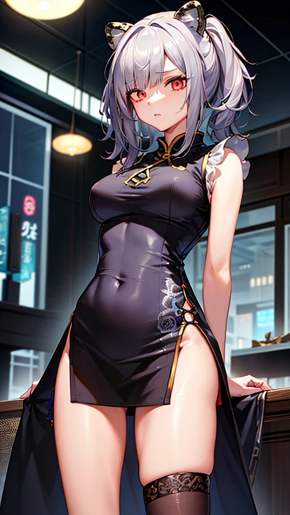 1gir,lfeater \(arknights\),(Perfectly detailed face),((fine cloth texture, sleeveless leopard print cheongsam, slit at waist)),(wedgie),spread legs,High quality,Ultra detailed, best quality,insanely detailed,beautiful,masterpiece,((highly detailed cheongsam,highly detailed beautiful eyes,highly detailed beautiful face)),super detailed skin,full body,from below,1girl, 独奏,