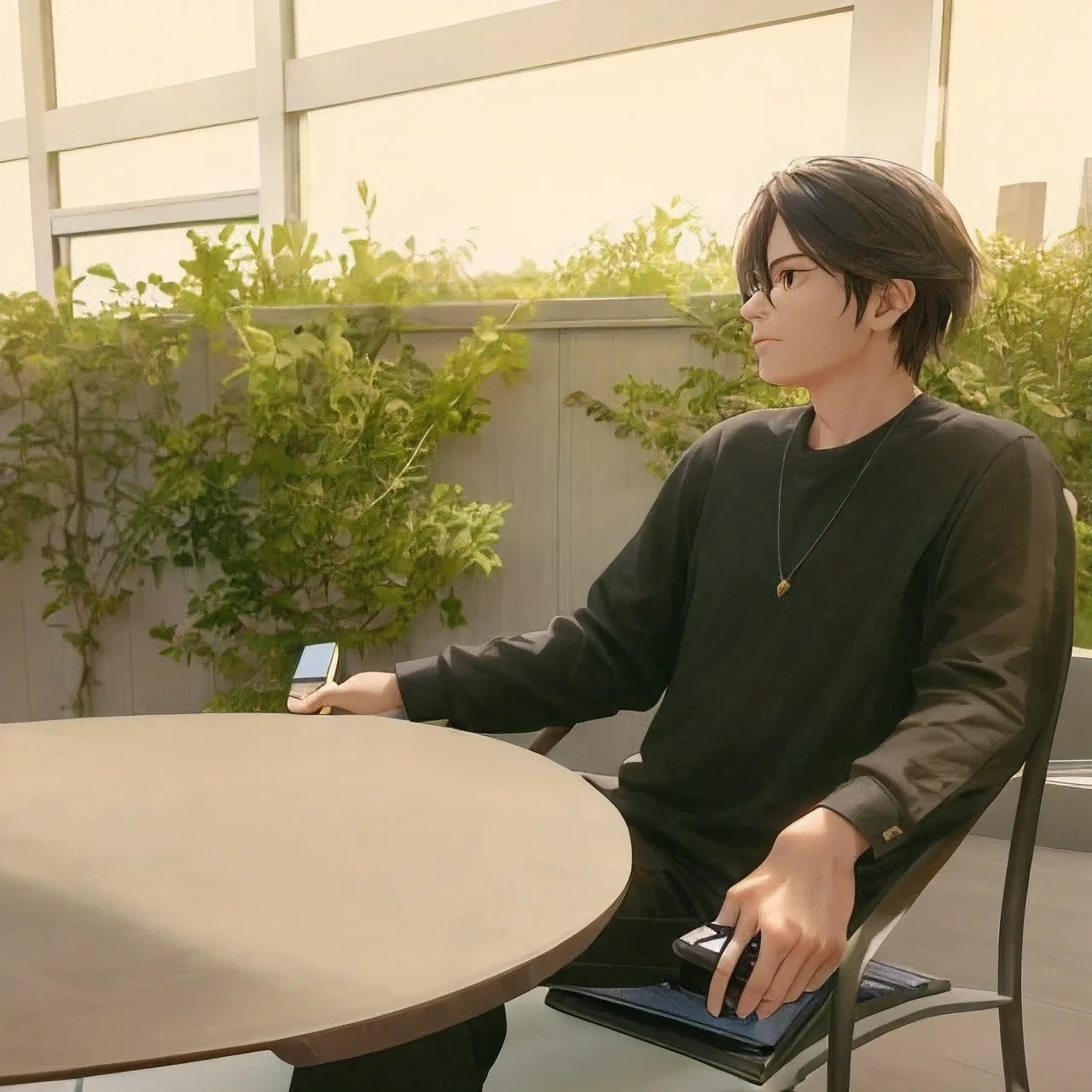 there is a man sitting at a table with a remote control, aesthetic shot, at college, sitting down casually, animation still, candid picture, profile pic, candid photo, with backdrop of natural light, profile shot, high quality upload, #oc, # oc, discovered photo, profile photo, sitting on a table, nice afternoon lighting, an artistic poseHD, (Best Detail), (Best Quality), Ghibli style, green eyes, green background,
