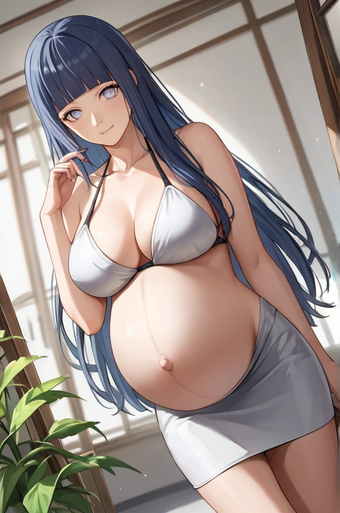 HYUUGAHIN, LIGHT GRAY TOP, "BLACK LONG HAIR", score_9, score_8_up, score_7_up, source_anime,
BLUE EYES, 1GIRL, BLUNT BANGS, Hinata Hyuga, Naruto: The Last, long indigo hair, straight hair, soft bangs, pale lavender eyes, mature, refined, elegant,
high-quality, ultra-detailed, beast quality, 8K resolution, anime style,
looking at viewer, dutch angle, cowboy shot, smile, pregnant belly, large belly, big belly, big Breasts, belly button, bikini, skirt,
1girl,solo, indoors, happy, Smiling, rub belly,
full body, Nail polish, 