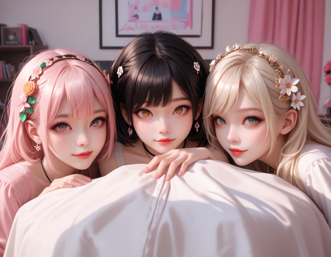 nsfw,score_9, score_8_up, score_7_up, high res image,masterpiece,best quality,girl,cute face,clear skin,shiny hair,ultra detailed eyes,flower hairpin,(3girls:1.5),face close-up,cute,necklace,bedroom,lying on table,pussy juice, pussy, cum inside, tights, high heel, lace,