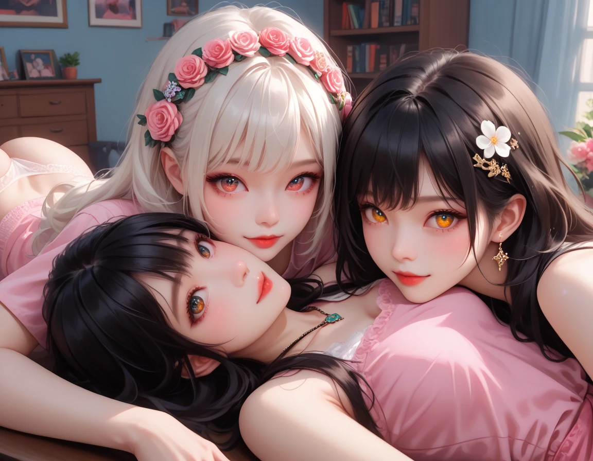 nsfw,score_9, score_8_up, score_7_up, high res image,masterpiece,best quality,girl,cute face,clear skin,shiny hair,ultra detailed eyes,flower hairpin,(3girls:1.5),face close-up,cute,necklace,bedroom,lying on table,pussy juice, pussy, cum inside, tights, high heel, lace,