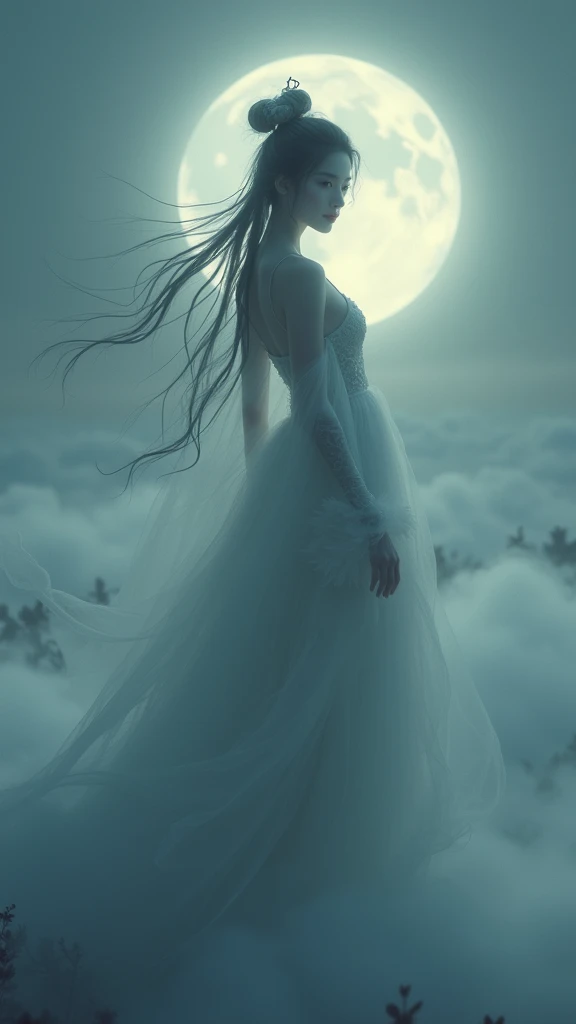 A (((masterpiece))) with exquisite ((best quality)) and attention to detail, depicting a (((Taoist with intricate details))), whose feminine form is (((detailed and distinctively drawn)), with her ((upper body)) enveloped in a ((softly swirling fog)), as if creating a ((dynamic, midair silhouette)), poised against a backdrop of a ((dusk-gray sky)) that blends into a (deep, midnight blue) on the horizon. A ((palely glowing full moon)) adds a serene touch to the scene, further highlighting the (mysterious and ethereal atmosphere). Natural lighting, (direct light:0.4), (insanely detailed, bloom:1.5), (highest quality, Alessandro Casagrande, Greg Rutkowski, Sally Mann, concept art, 4k), (analog:1.2), (high sharpness), (detailed pupils:1.1), detailed face and eyes, Masterpiece, best quality, (highly detailed photo:1.1), photographed by Canon EOS R6, 135mm, 1/1250s, f/2.8, ISO 400, Realistic, 8k, ((masterpiece)), looking at the viewer,  (detailed), detailed face, white skin,high quality, (RAW photo, best quality), (realistic, photorealistic: 1.4), (extremely delicate and beautiful: 1.4), amazing, fine details, masterpiece, ultra detailed, high resolution, best illustration, best shadow, intricate, ( extremely intricate: 1.2), (exquisitely detailed skin), cinematic light, perfect anatomy, (cool color: 1.4), sharp focus, 8k UHD, DSLR, (Fujifilm XT3),(estilo cinematográfico :1.4), (efectos cinematográfico :1.4), (colores cinematográfico)