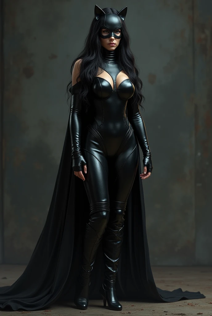 Create a woman wearing an all black outfit,but still covers the groin. It is all leather and covers the entire torso.,goes down to the fingers.She has big breasts and wears a cat neckline. She wears knee-high boots in all black.. She wears a kitty mask. She is white and has long black hair.. It&#39;s a fighting suit,