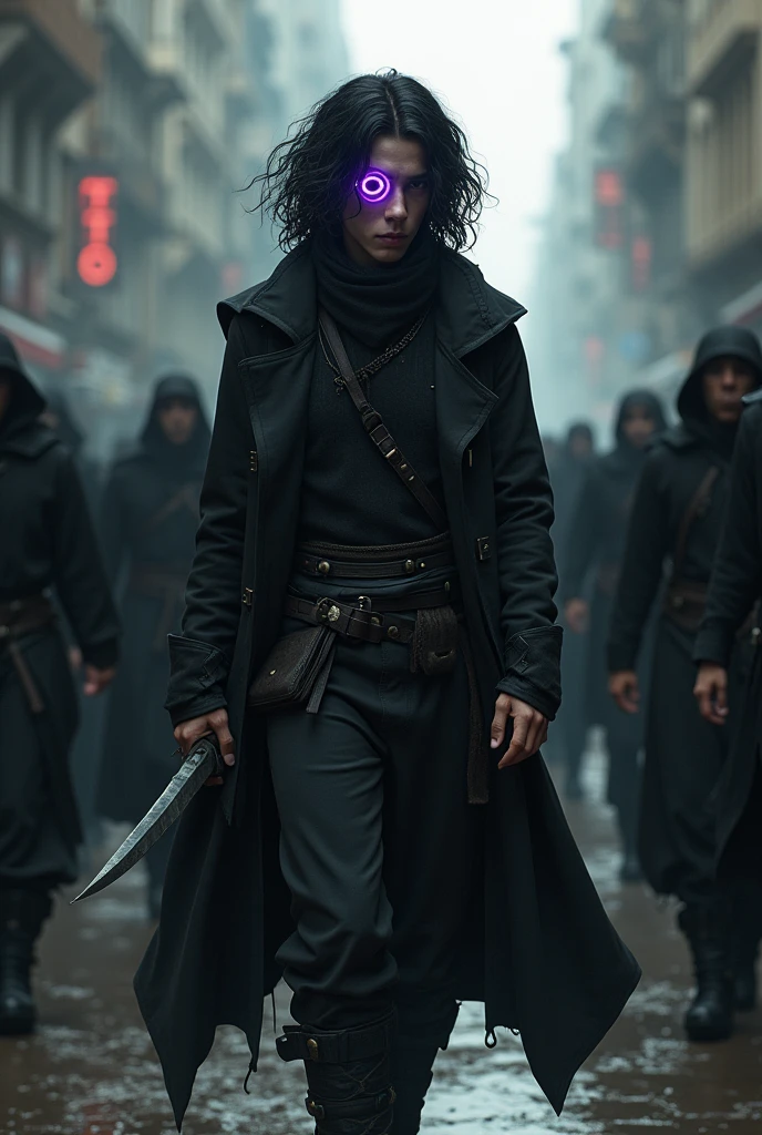 Bblack hair, with the spiral shaped eye, purple eye color, mid curly hair, he&#39;s kind of skinny, the teeth are shark style,
Clothes of a warrior, walking down the street full of slaves