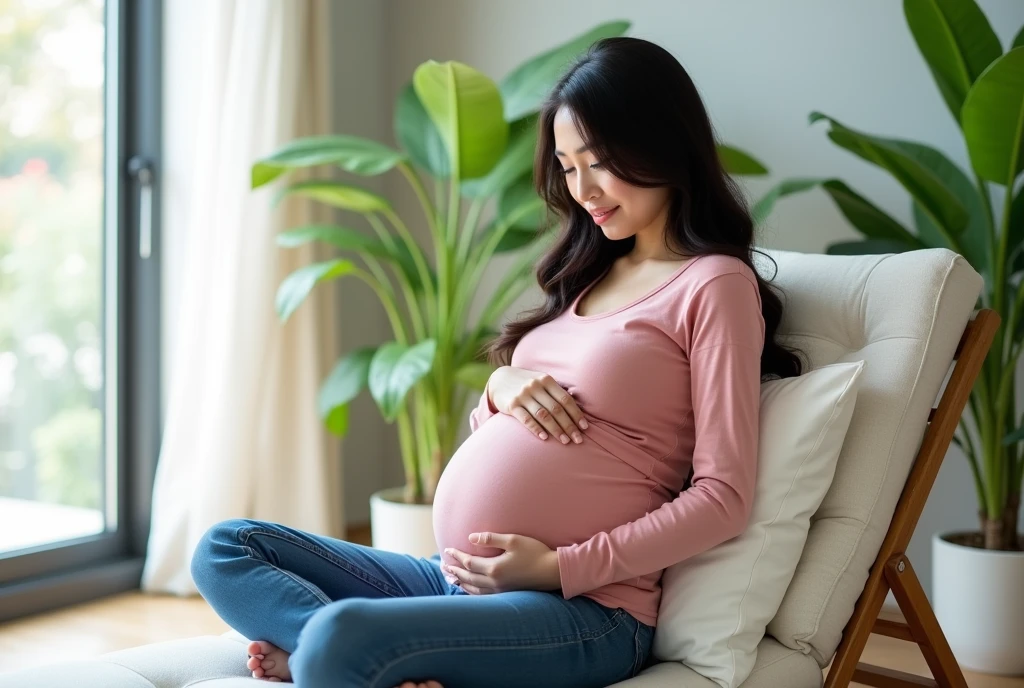 High Resolution, Masterpiece, Accurate, Best Quality, Detail, High Details, High Quality, Realistic photo. A 2 Indonesian wife, wearing a pink long sleeved top and blue jeans, long dark hair, white skin, height: 155 cm, weight: 45 kg. The image shows a pregnant woman sitting on a white lounge chair in a room with a large window in the background. She is wearing a pink long-sleeved top and blue jeans. Her hair is styled in loose waves and she is looking down at her belly with a smile on her face. The room is decorated with green plants and there is a plant on the right side of the image. The overall mood of the room is peaceful and relaxed.
