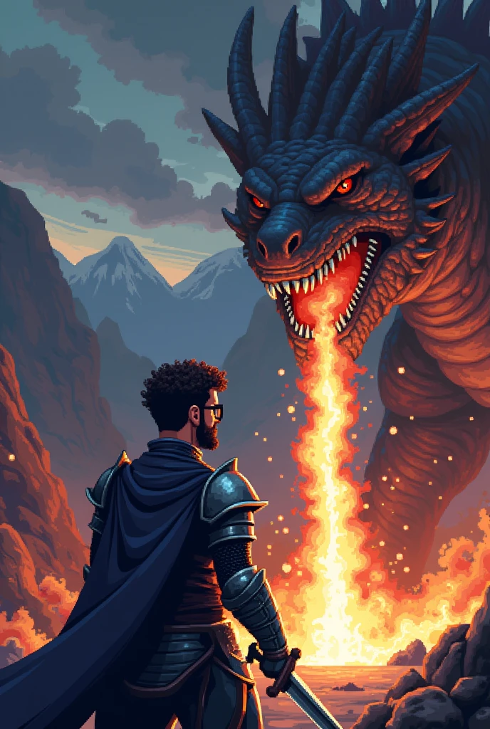 Create a pixel art scene featuring a knight battling a dragon. The knight has short, curly hair in a 'Buzz Cut Low Fade Haircut' style, resembling a military cut, with a medium brown complexion (pardo), brown eyes, and a slightly patchy beard. He is wearing square, black prescription glasses. The knight is dressed in armor and is wielding a sword, standing bravely in front of a large, menacing dragon. The background shows a dramatic landscape with mountains, a dark sky, and flames as the dragon breathes fire. The pixel art should capture the intensity of the battle, with attention to the knight's expression and the details of the dragon.