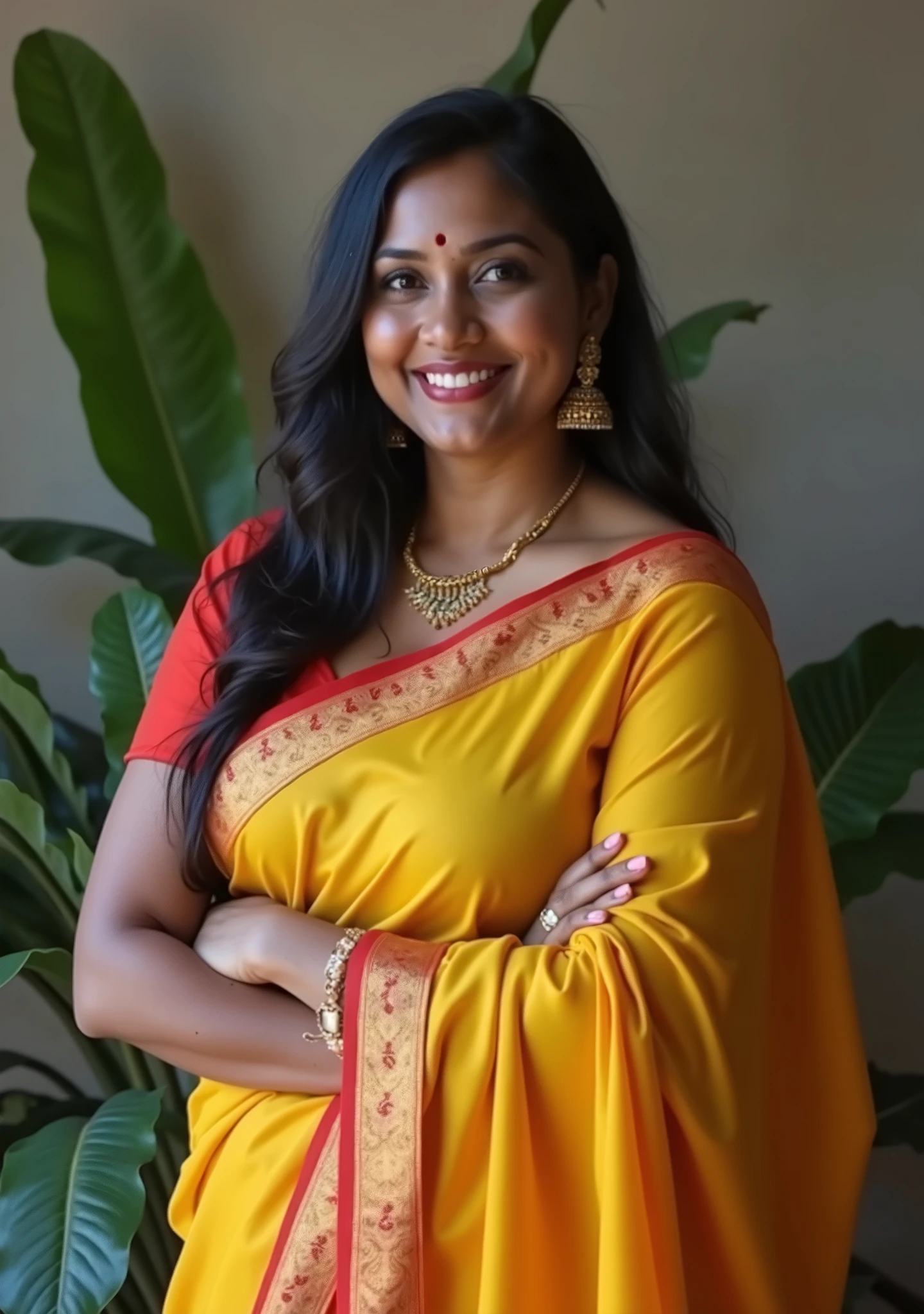 A curvy srilankan women thirty-nine year old wearing a jeans and off shoulder top