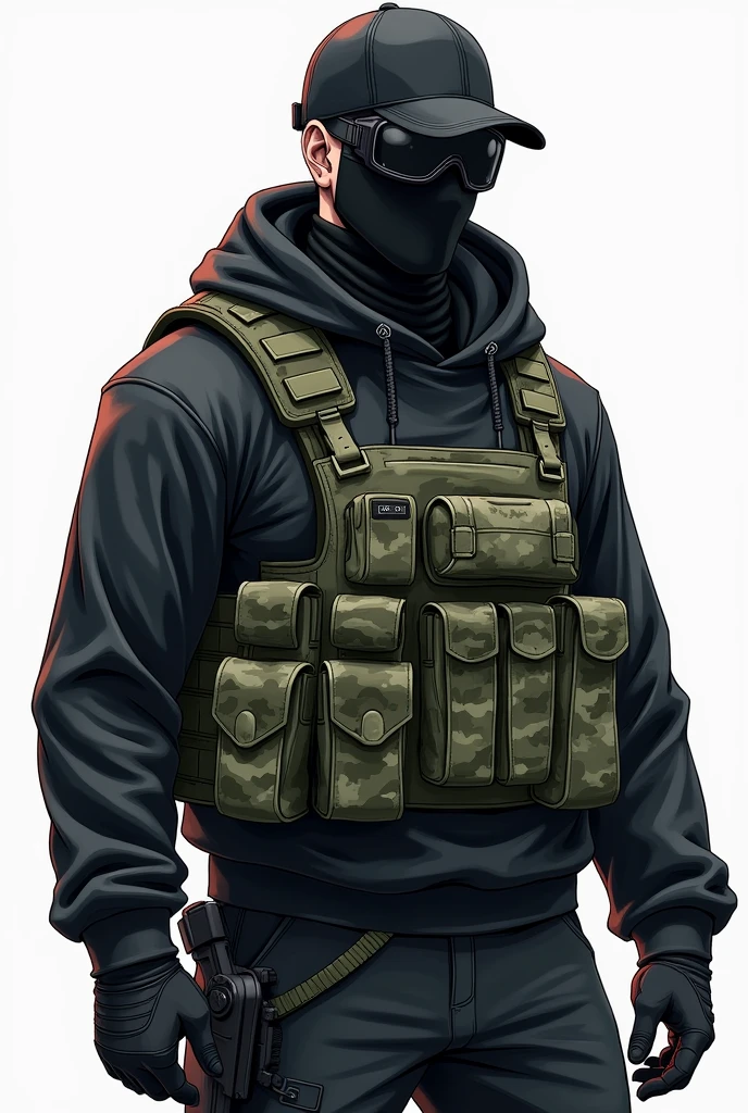 man with a cap, Ski mask, buff, black motocross goggles, black clothes, tactical clothing, camo green vest, drawing style, anime.