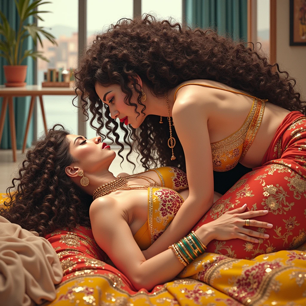 in luxerius office items sorrounded bright lighted modern indian office,a mature indian kneeled with jer unbeliveable 3c curly black with little yellow heavy volumed hair in squat pose very closely to her lesbian very young 1 in age tall sexy girl in saree who got similar 3c curly extreme heavy volumed black hair.she is in low pontail and standing,after the ponytail her hair is become extreme bushy bigger than her body running to the floor.She is taken squat pose lady's yellow hair with hand and checking.Since they do this act,Other office ladies also got errected and playing with their huge breasts pressing them harder to show these two ladies.these all ladies are with dress exactly in as per image prompt,all of them,with their hairs respectively color for the ladies hairs in as per image prompt,their long,meticulaiursly colied until become perfection with shining spills and flows thriugh the floor,red lipsstick,natural tongues pulled out,These all ladies' faces are with showing full of sexual wildness showing out from their faces exact as in image prompt,Their eyes are fullfill with sexual wildness with raping hair as per the imahe prompt,(Show me their tongues,long tongues:1.0) styled with 100000 liters hair oil,hairs like viscus oiled pulp,slick combed hair lines highly visible,{{{{Ladies wears perfect dresses in perfectt busty}}}},{{{{{NSFW}}}}},{{{{{{Hairs highly soaked}}}}}},{{{slick combed hair lines}}}},{{{{Hairlines reflecting shinning like mirrors with water}},{{{{{Showcase full bodies perfect busty breast figures}}}}},{{{{{High resolution perfect color grading}}}}}},{{{Perfect hairs on all ladies exactly in image prompt}}}}}}},((((((((Generate ethnicity as indian sexy build ladies))))))))),((((((Generate wildness poses where shows the wildness of the sexually wildness and extremly extremly wildness in to hair licking by their tongues exatly as image prompt))))