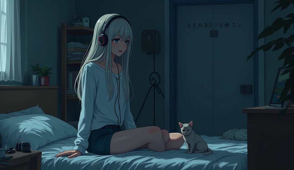 8k、night、dim、female、Mature、long hair、sweat、Using headphones、bed、Cat、 2D-style animation, Lo-Fi、Retro、Anime style illustrations