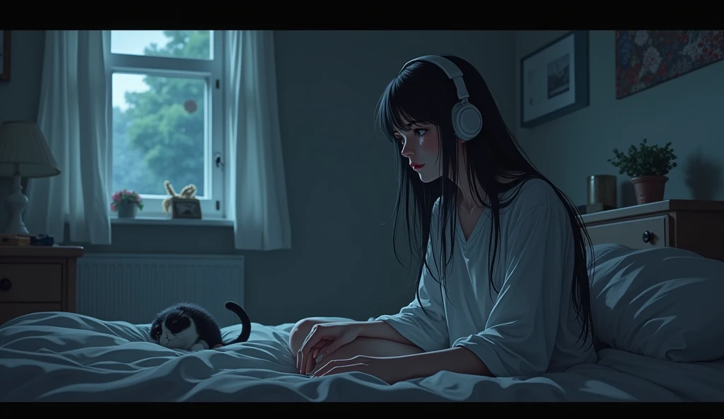 8k、night、dim、female、Mature、long hair、sweat、Using headphones、bed、Cat、 2D-style animation, Lo-Fi、Retro、Anime style illustrations