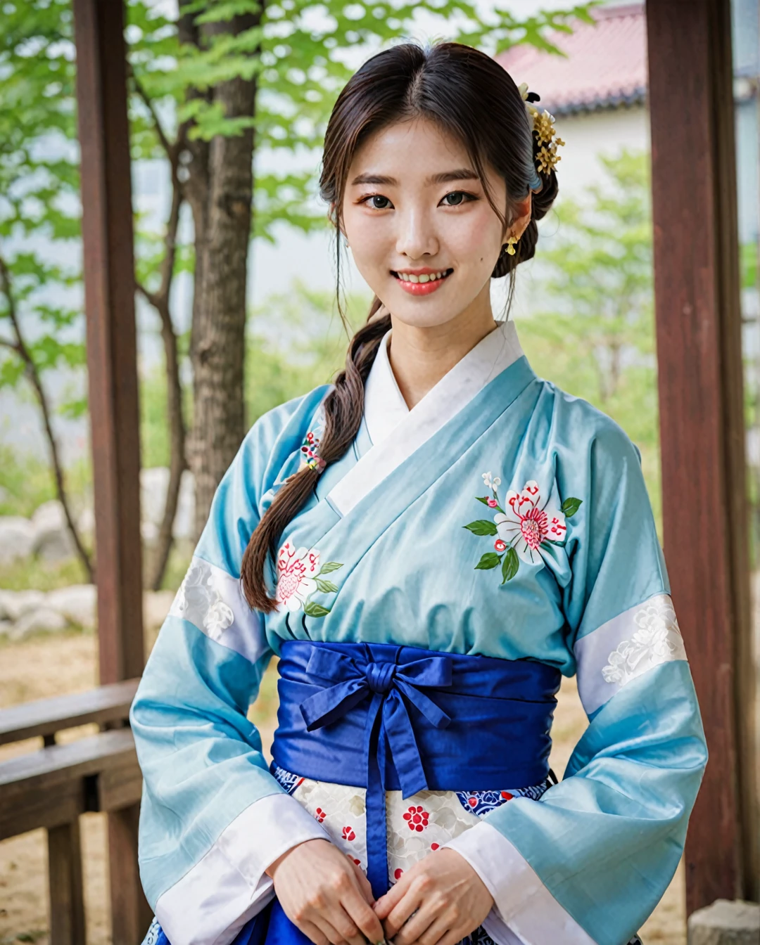 Arafed Asian woman in a blue and white dress posing for a photo, Hanboks, Korean Hanbok, bae suzy, korean girl, korean woman, traditional clothes, delantal Hanboks, beautiful south korean woman, Kim Doyoung, Hanfu, gorgeous young korean woman, beautiful young korean woman, traditional dress, traditional clothing, japanese clothes, traditional, Jaeyeon Nam