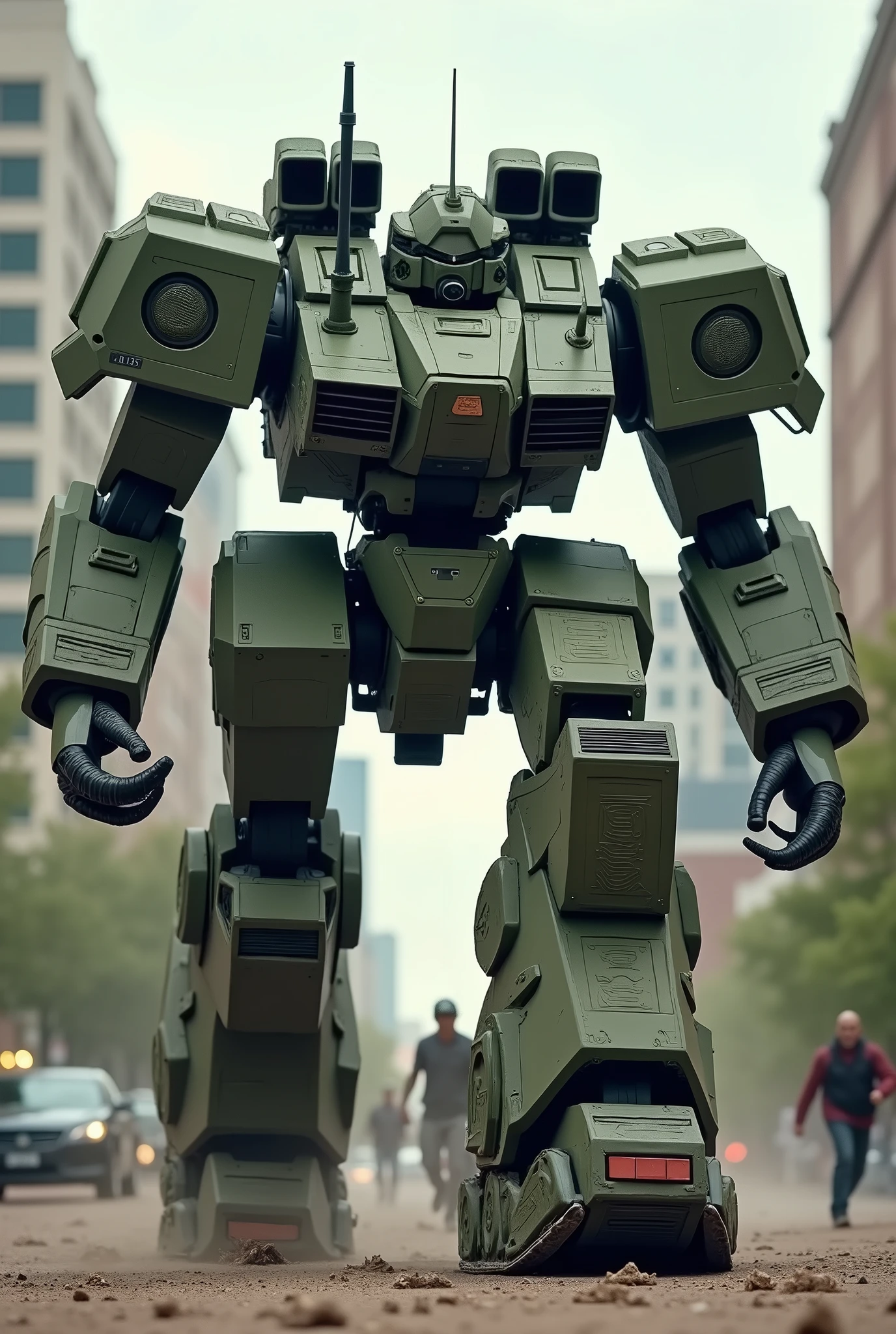green multicamo military robot, U.S. Military-issue, real robot, mecha, piloted vehicle, inspired by Mobile Suit Gundam, tank-threads on the feet, using a machine gun, shoulder-mounted hellfire missile podes, battle action pose, perspective, cowboy shot, walking, 12 tool tall, Denver, daytime, people running for their lives, war atmosphere.