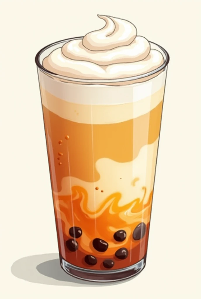 A colorful drawing of a glass of milk tea with milk foam floating on top.