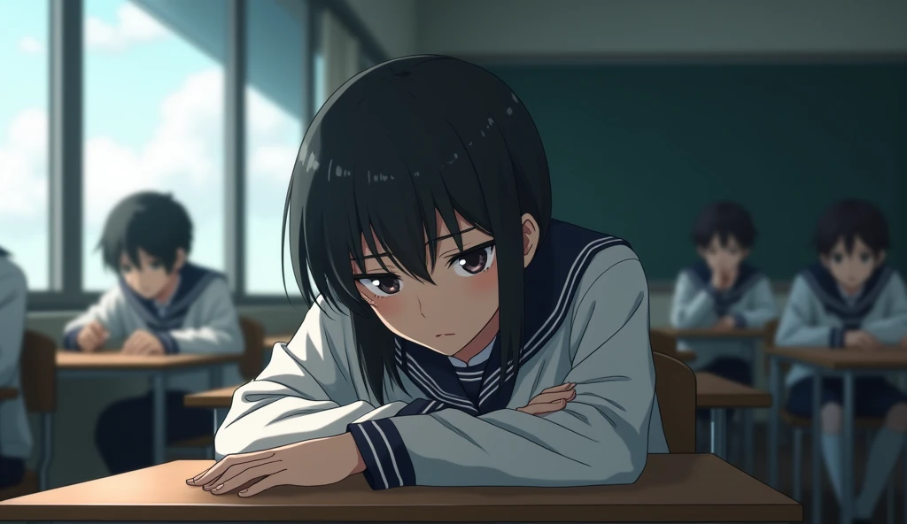 A medium shot anime-style medium shot of a male character with medium hair, similar to the main character of the anime 'Hyōka'. He is dressed in a Japan-style school uniform. He is sitting in a school classroom at a table by the window side. He has his hands in his cheek and is deep in thought. His face is expressionless. The background is filled with other students. aur uske akhe sleepy eyes hai
