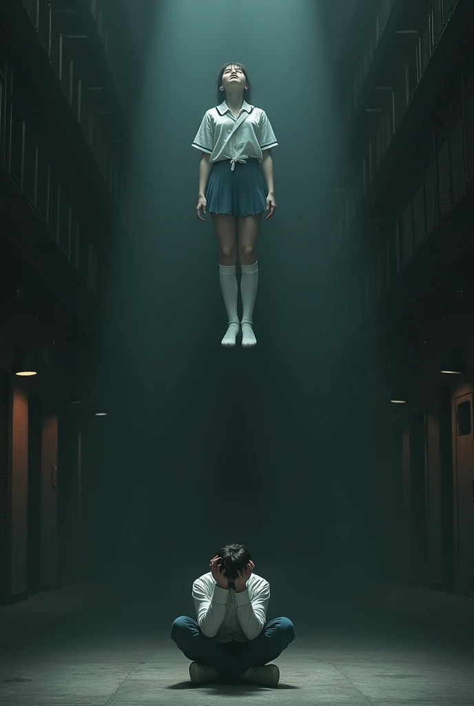 girl scene in white thigh high socks, hanged, thòng lọng, hovering in the air , a man sitting on the ground in panic