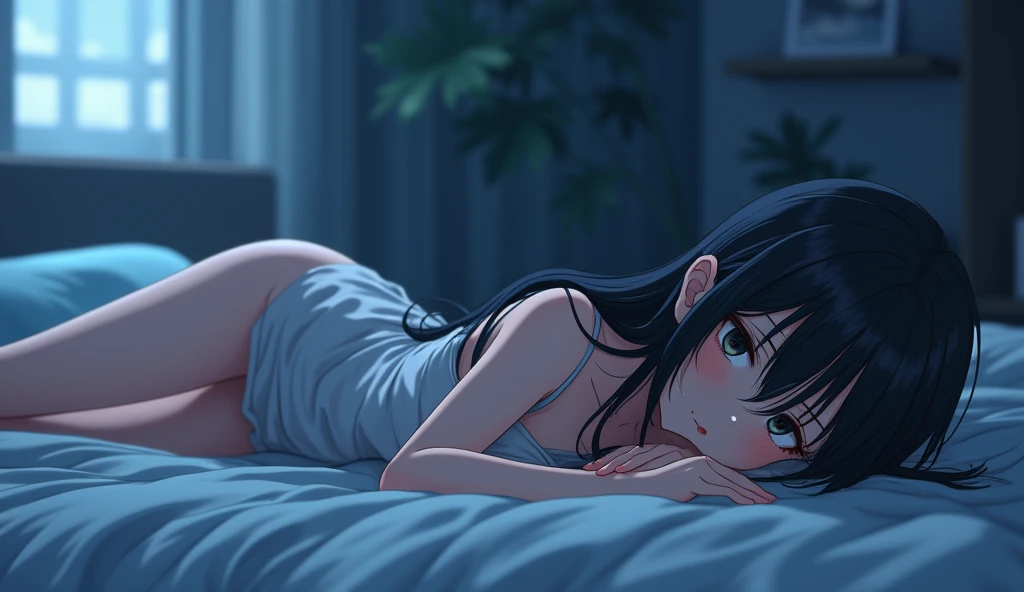 (photorealism:1.2), beautiful anime girl, lying on bed, legs slightly apart, slightly blushing face, long black hair, open arms, slightly sweaty face, night scene, in bed, wet, soft moonlight, simple bedroom, realistic, intricate details, cool colors, by Makoto Shinkai, by Hayao Miyazaki