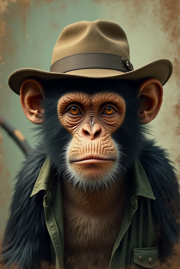 monkey in hat, old monkey, Sinaloa cartel, print, simblist, basic, drug and marijuana trafficking, comely, grainy, framed