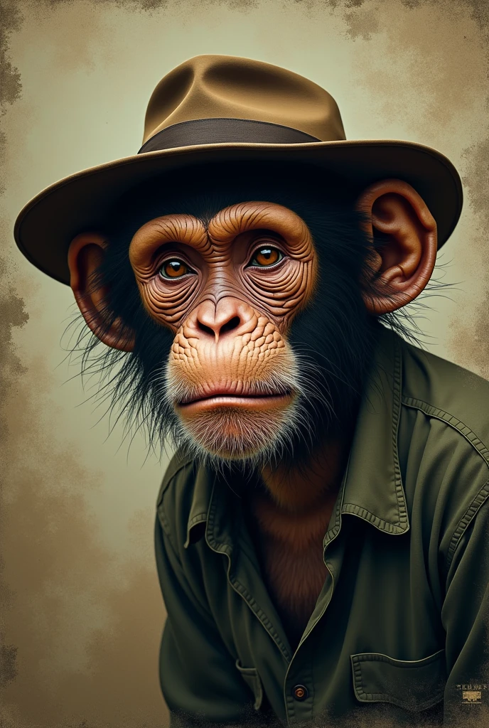 monkey in hat, old monkey, Sinaloa cartel, print, simblist, basic, drug and marijuana trafficking, comely, grainy, framed