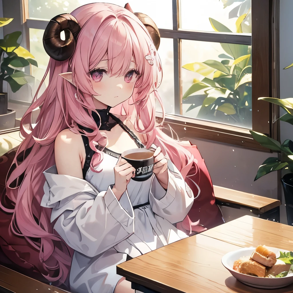 An anime-style illustration of ‘Fua-chan’ relaxing in a break room after a bath. Fua-chan has distinctive features: long pink hair styled in soft curls resembling sheep’s horns, and pink eyes. She is depicted sitting comfortably in a cozy chair, wearing fresh, casual clothes after her bath. Her expression is peaceful and content, with slightly damp hair falling softly around her shoulders. The background shows a warm and inviting break room, perhaps with a soft sofa, a small table with a cup of tea or a snack, and gentle lighting, creating a serene and restful atmosphere as she unwinds after her bath.