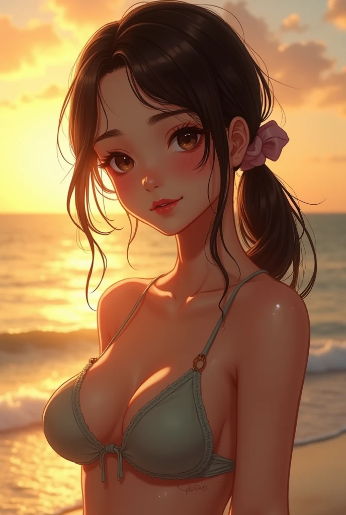  adorable, seaside,  indonesian school girl, (portrait, close-up:1.1),scrunchie, ( dimple cheek,glossy lips:1), big breasts, (sexy swimwear, suggestive ),   looking at viewer,  ,sweaty, (, cute),  wide hip, ( grin:0.7), (pale skin:1.2), , sunset,  catch_light,