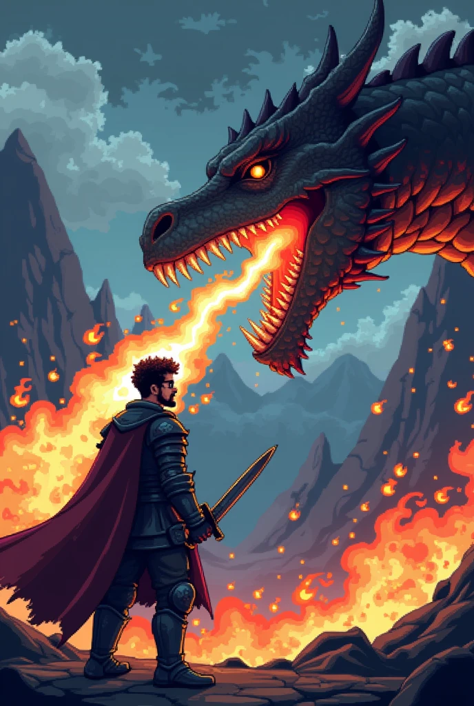 Create a pixel art scene featuring a knight battling a dragon. The knight has short, curly hair in a 'Buzz Cut Low Fade Haircut' style, resembling a military cut, with a medium brown complexion (pardo), brown eyes, and a slightly patchy beard. He is wearing square, black prescription glasses. The knight is dressed in armor and is wielding a sword, standing bravely in front of a large, menacing dragon. The background shows a dramatic landscape with mountains, a dark sky, and flames as the dragon breathes fire. The pixel art should capture the intensity of the battle, with attention to the knight's expression and the details of the dragon.