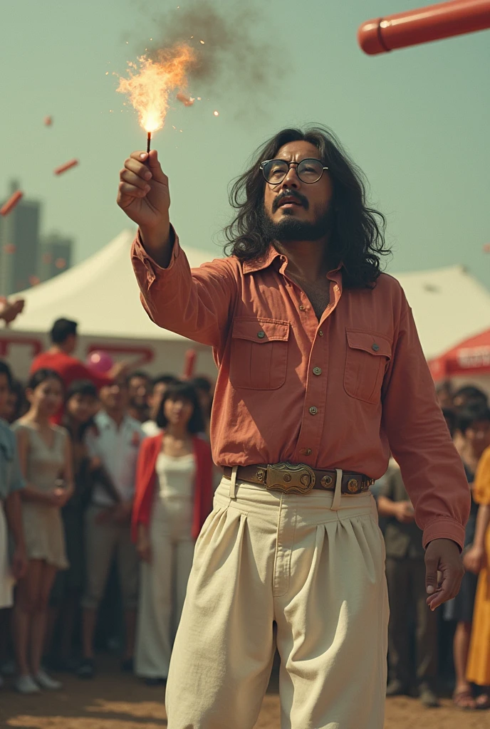 A long-haired Japanese man wearing very old-fashioned glasses is juggling a stick of dynamite with a fuse.、Western shirt and white pantaloons denim jeans、Performance at the Osaka World Expo in Japan in the 1960s、So much dynamite flying through the air、