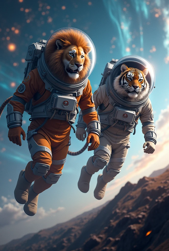 Lion and tiger in space suit