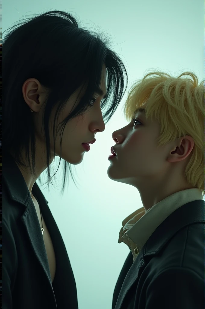 Min Yoongi with long black hair and Jimin with his blonde hair staring at each other