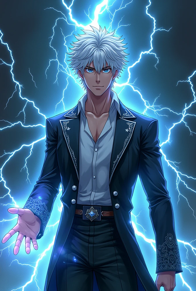 White anime man, Curly white hair, and with the power of lightning