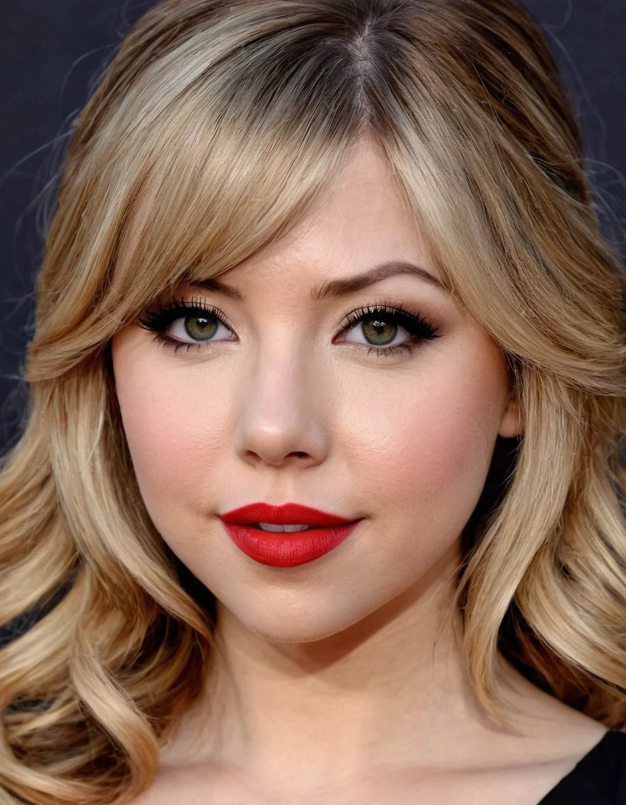 A waist-up portrait of a beautiful female whose facial features are a combination of Gwen Stacy + Jennette McCurdy + Sarah Carter. The female has lovely makeup on her face. The female wears red lipstick. Symmetrical eyes. Symmetrical face. Lovely details. Photorealistic. Full-colored photo. Professional photo. Highly detailed 8K.