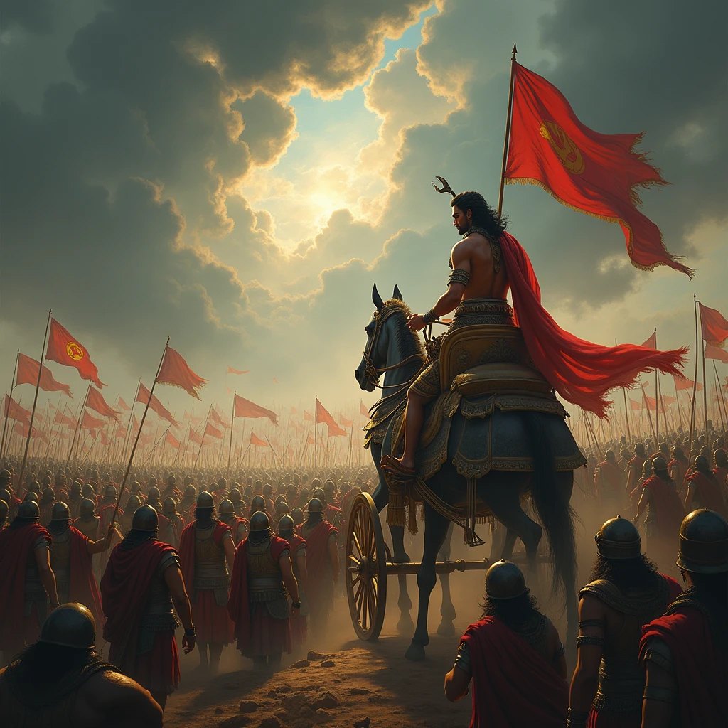 Visualize a dramatic and intense battlefield scene where Arjuna, deeply troubled and conflicted, stands in his majestic chariot, his eyes filled with sorrow and despair as he looks upon the gathered armies. The battlefield is vast, stretching into the horizon, filled with warriors from both sides—friends, teachers, and family members, each bearing distinct armor and banners representing their clans. Flags of various colors and symbols flutter in the wind, adding a dynamic sense of motion to the scene.
In the midst of the chaos, Krishna stands beside Arjuna, his expression calm yet serious, embodying divine wisdom and understanding. The sky above is dark and stormy, reflecting Arjuna’s inner turmoil, with ominous clouds swirling, hinting at the destruction that war will bring. In the background, subtle images of crumbling temples, broken family structures, and fading rituals symbolize the collapse of ancient traditions and values, emphasizing the themes of ‘kuladharma’ and ‘jātidharmāḥ’ being at risk.
The overall scene should capture the gravity of the moment, with a mixture of tension, sorrow, and impending doom, as Arjuna grapples with the moral implications of the war. The composition should be rich in detail, with a focus on the emotional and spiritual conflict faced by Arjuna.