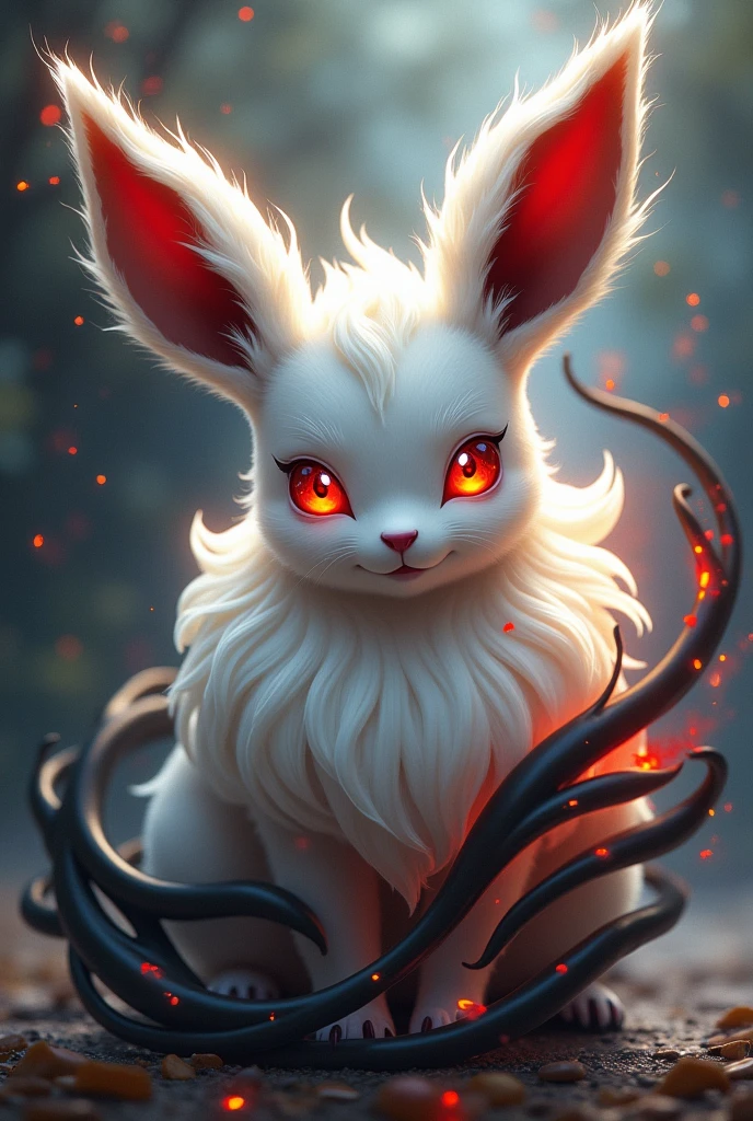 fairytale Pokémon Eevee white hair and red shiny with sharingan and black flame around the body like a shadow 

