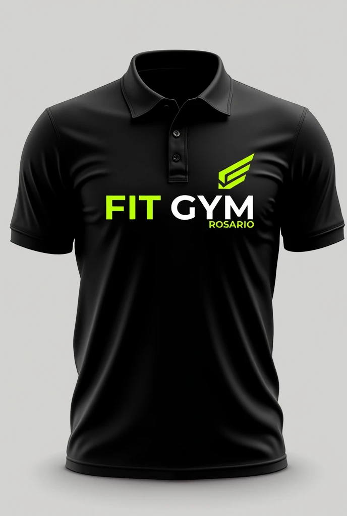 Give me logos for black polo shirts with FIT GYM ROSARIO only with the letters in green and yellow details