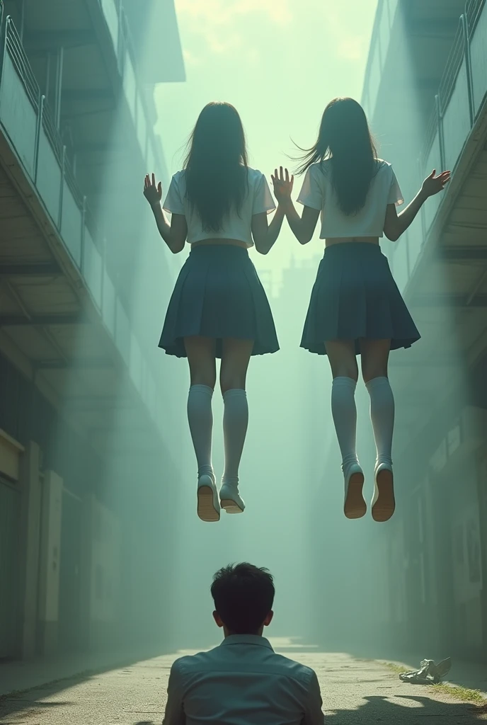 Scene of two schoolgirls in white thigh high socks, hanged, thòng lọng, hovering in the air , a man sitting on the ground in panic