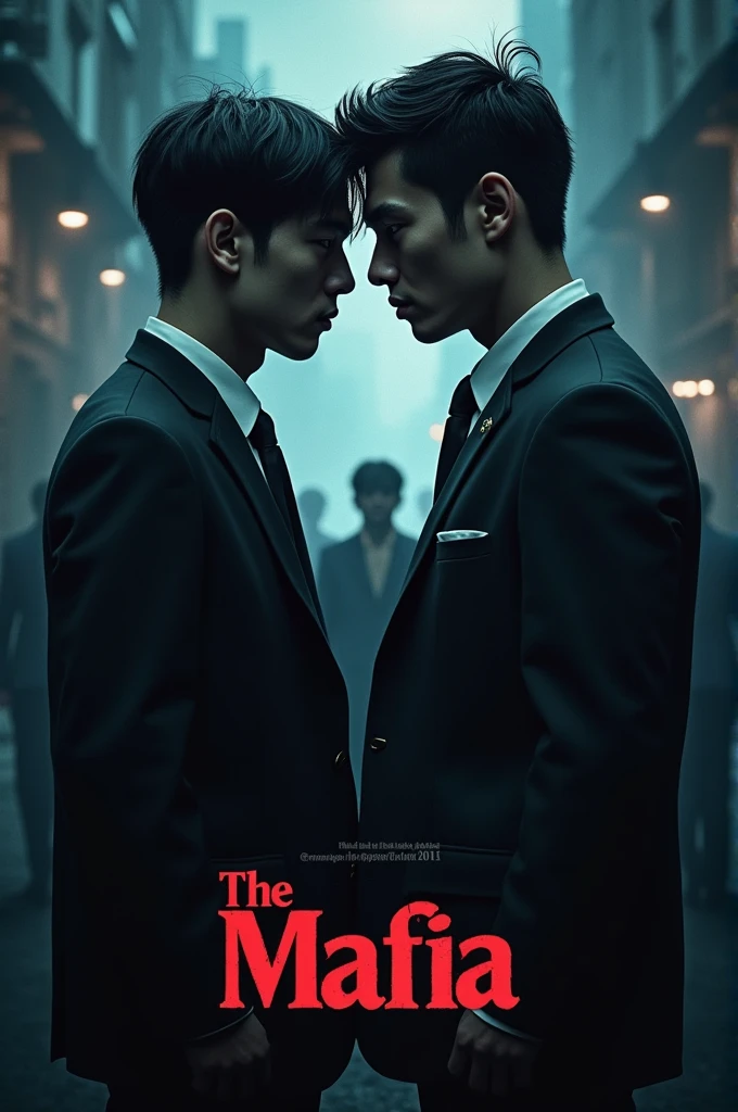 Create me a Wattpad cover with the name of: The Mafia. Where you show TXT's Choi Yeonjun and TXT's Choi Beomgyu, like mobsters
