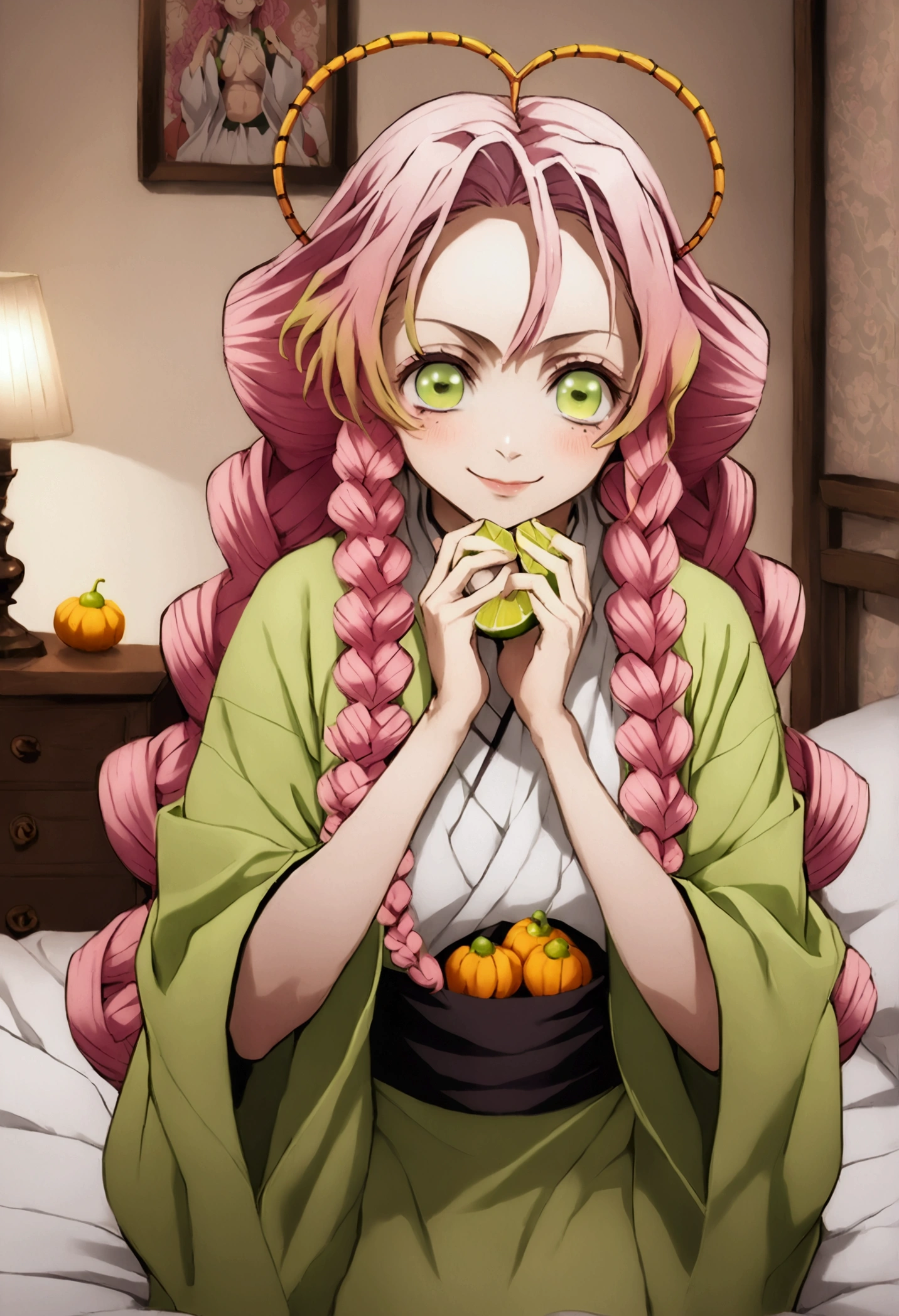 Mitsuri kanroji from demon slayer, one mature adult women , wearing Halloween dress, Halloween decorations, in her bedroom , photo session, Hands up fixing hair pose, looking towards camera , full body visible ,((long light pink hair that fades into a lime green color at the halfway point)), which she wears in three thick braids  ,  pale green eyes with small moles under each eye, anime style , anime style, pastel colours , human body structure, proper body proportion, a bit bigger breast , ((wearing a wasp cosplay)) , smiling expression , ((( hairs fades into a lime green colour))),mitsuri kanroji face