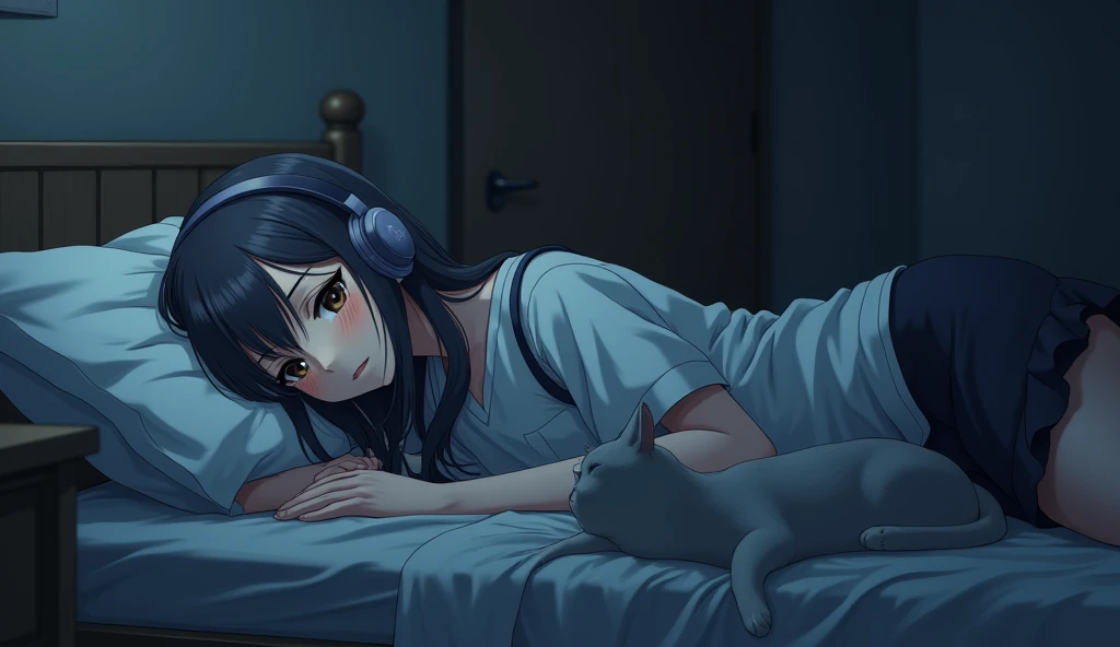 8k、night、dim、high school girl、Mature、long hair、sweat、Using headphones、bed、Cat、 2D-style animation, Lo-Fi、Retro、アニメ調An illustration、An illustration