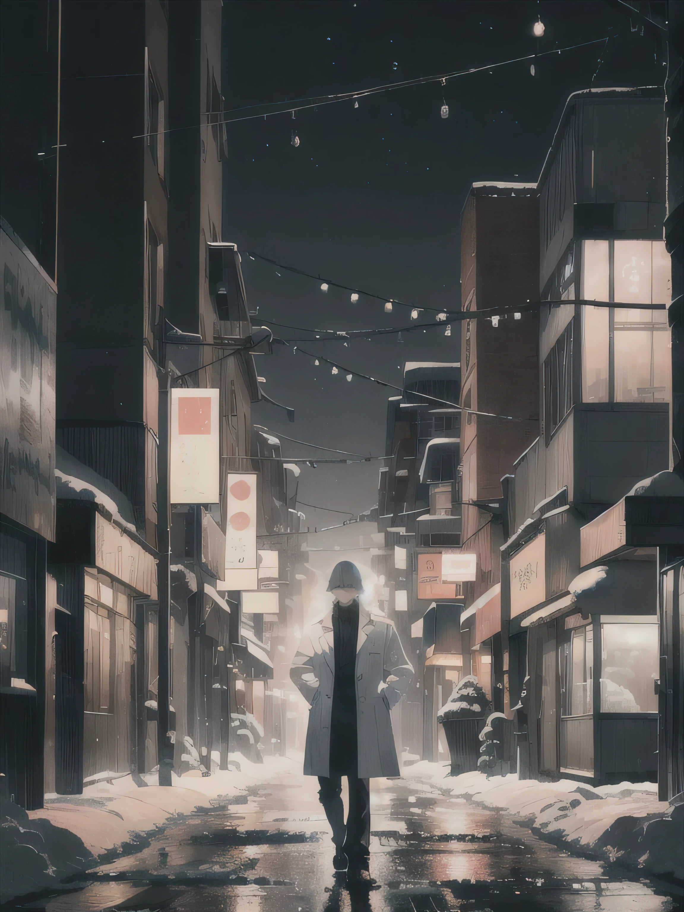A snowy city street at dusk, with a solitary figure wearing a lab coat, standing alone. Snowflakes gently fall around him as he looks up at the sky, feeling lost and despondent. The city lights are just starting to glow, casting a soft, melancholic light on the scene.