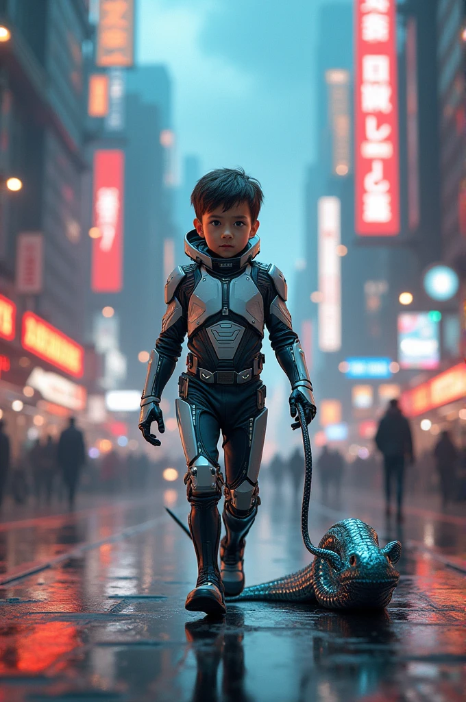 A boy in robotic suit with snake in city